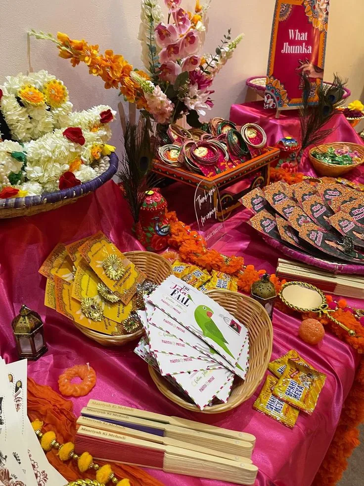 A colourful favour corner for a dholki celebration in Lahore