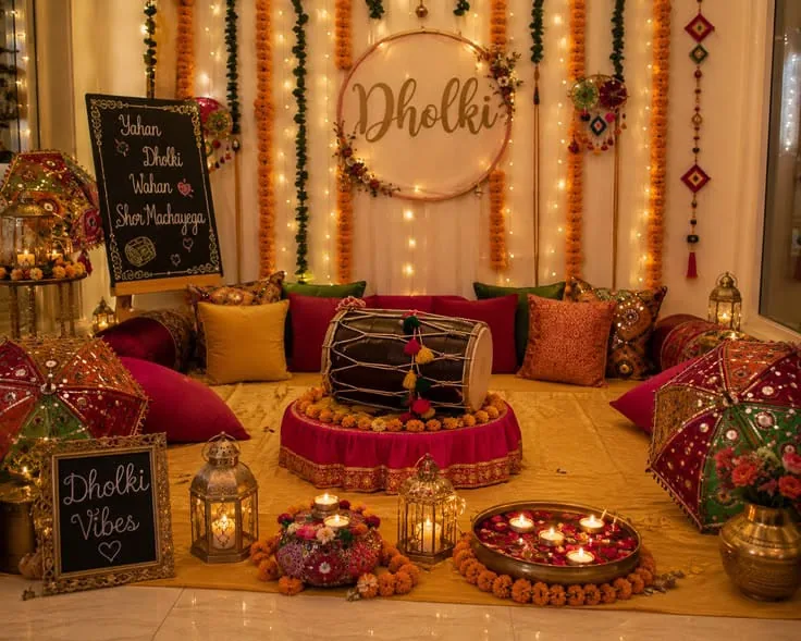 Traditional floor seating for a dholki celebration in Lahore